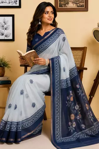 Off white navy blue printed chanderi cotton ready to wear saree