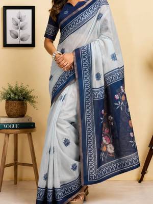 Off white navy blue printed chanderi cotton ready to wear saree 4