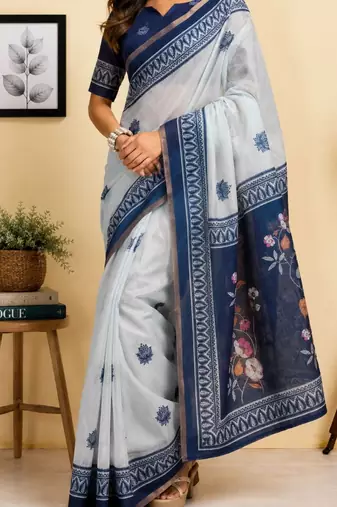 Off white navy blue printed chanderi cotton ready to wear saree