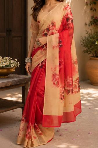 Red red printed chanderi cotton ready to wear saree