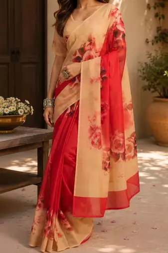 Red red printed chanderi cotton ready to wear saree