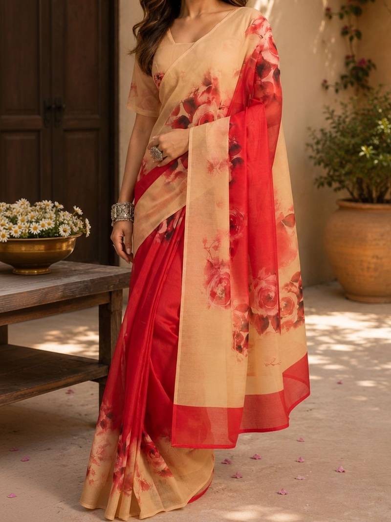 Red red printed chanderi cotton ready to wear saree