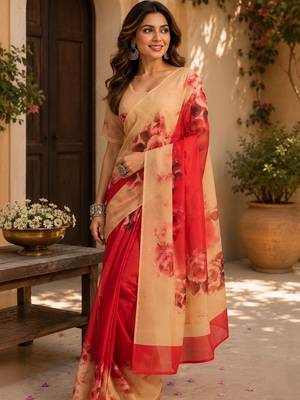 Red red printed chanderi cotton ready to wear saree 2