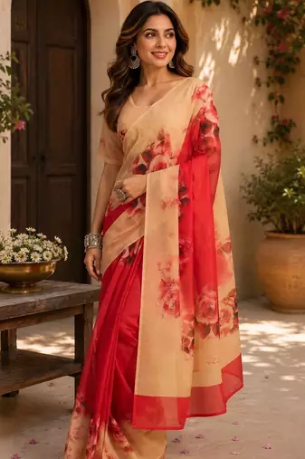 Red red printed chanderi cotton ready to wear saree