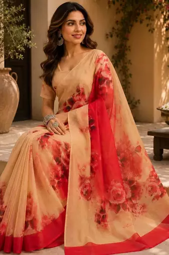 Red red printed chanderi cotton ready to wear saree