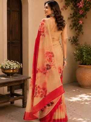 Red red printed chanderi cotton ready to wear saree 4