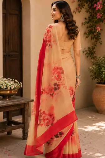 Red red printed chanderi cotton ready to wear saree