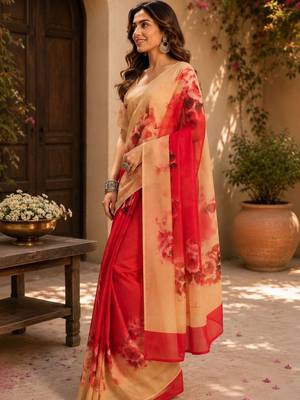 Red red printed chanderi cotton ready to wear saree 5