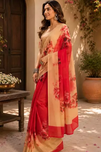 Red red printed chanderi cotton ready to wear saree