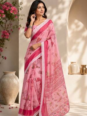 Pink pink printed chanderi cotton ready to wear saree 1