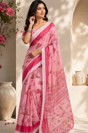 Pink pink printed chanderi cotton ready to wear saree