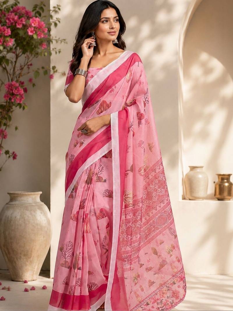 Pink pink printed chanderi cotton ready to wear saree