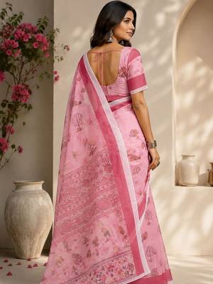 Pink pink printed chanderi cotton ready to wear saree 2