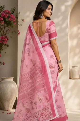 Pink pink printed chanderi cotton ready to wear saree