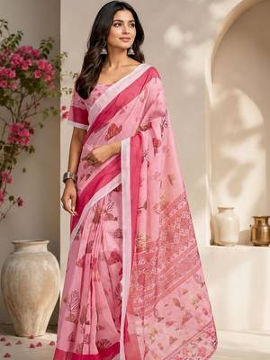 Pink pink printed chanderi cotton ready to wear saree 3