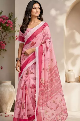 Pink pink printed chanderi cotton ready to wear saree