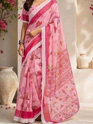 Pink pink printed chanderi cotton ready to wear saree 4