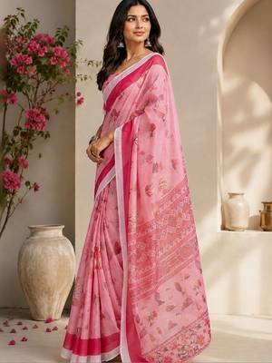 Pink pink printed chanderi cotton ready to wear saree 5