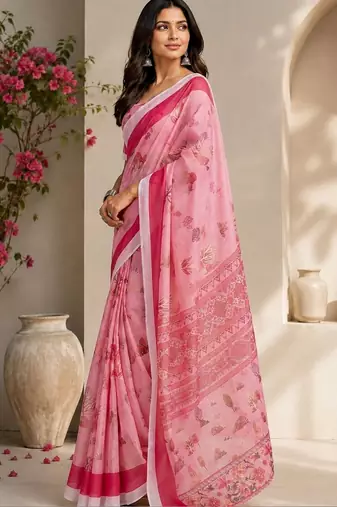 Pink pink printed chanderi cotton ready to wear saree