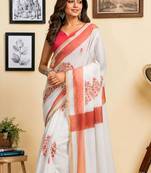 Off white orange printed chanderi cotton ready to wear saree