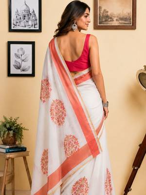 Off white orange printed chanderi cotton ready to wear saree 2