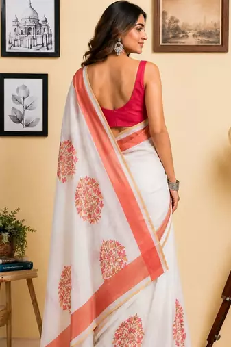 Off white orange printed chanderi cotton ready to wear saree