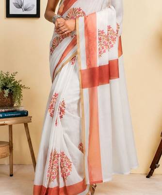 Off white orange printed chanderi cotton ready to wear saree 4
