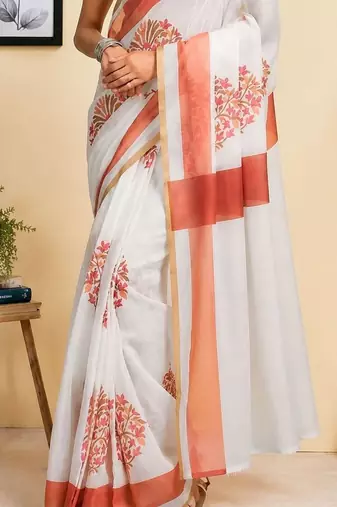 Off white orange printed chanderi cotton ready to wear saree