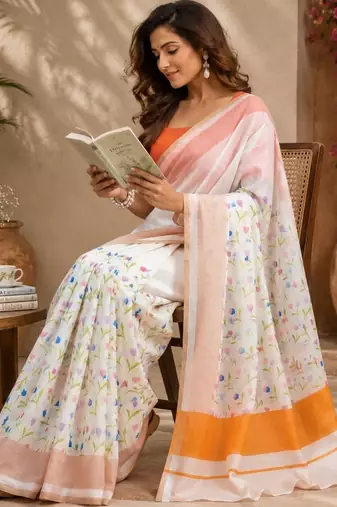 White orange printed chanderi cotton ready to wear saree