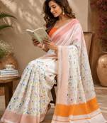White orange printed chanderi cotton ready to wear saree