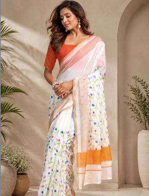 White orange printed chanderi cotton ready to wear saree 2