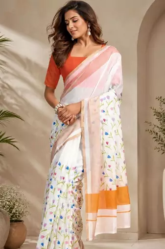 White orange printed chanderi cotton ready to wear saree