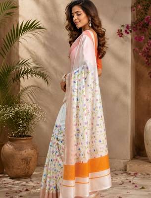 White orange printed chanderi cotton ready to wear saree 3