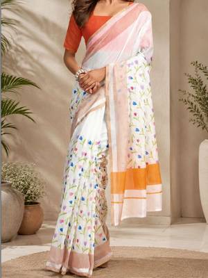 White orange printed chanderi cotton ready to wear saree 4