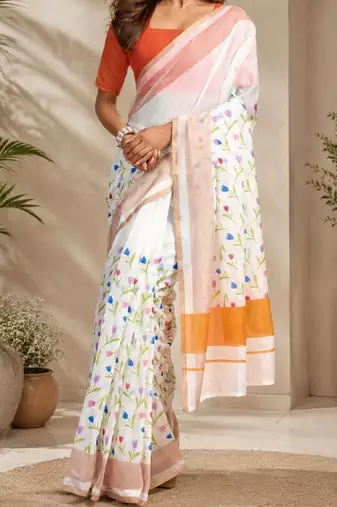 White orange printed chanderi cotton ready to wear saree