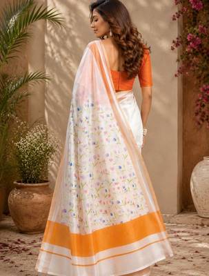 White orange printed chanderi cotton ready to wear saree 5