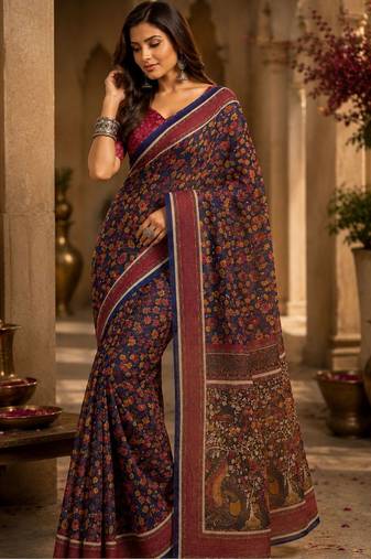 Navy blue maroon printed chanderi cotton ready to wear saree