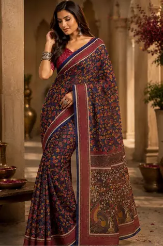 Navy blue maroon printed chanderi cotton ready to wear saree