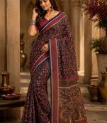Navy blue maroon printed chanderi cotton ready to wear saree