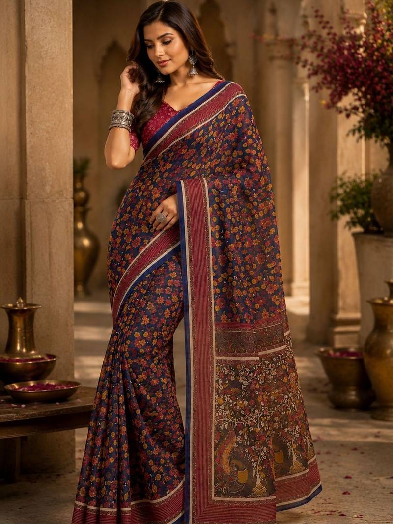 Navy blue maroon printed chanderi cotton ready to wear saree