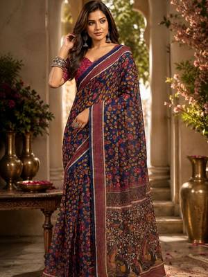 Navy blue maroon printed chanderi cotton ready to wear saree 2