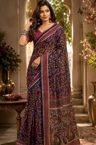 Navy blue maroon printed chanderi cotton ready to wear saree