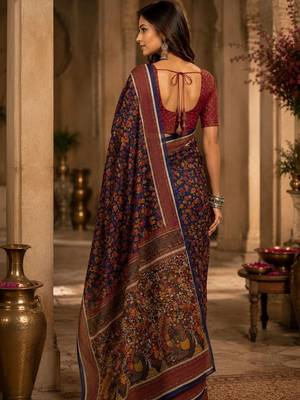 Navy blue maroon printed chanderi cotton ready to wear saree 3