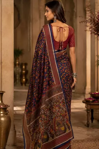 Navy blue maroon printed chanderi cotton ready to wear saree