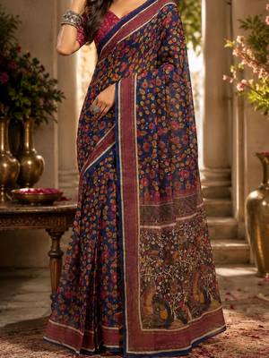 Navy blue maroon printed chanderi cotton ready to wear saree 4