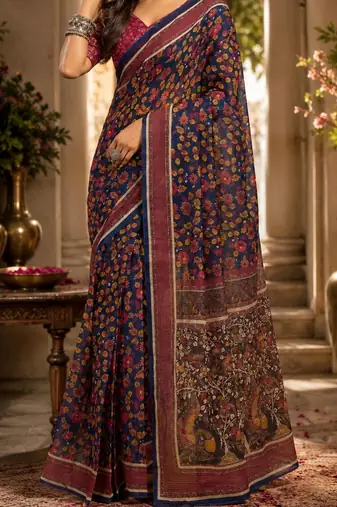 Navy blue maroon printed chanderi cotton ready to wear saree