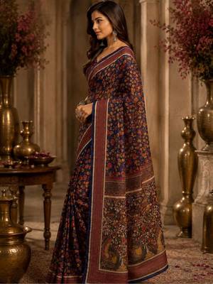 Navy blue maroon printed chanderi cotton ready to wear saree 5