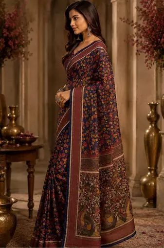 Navy blue maroon printed chanderi cotton ready to wear saree