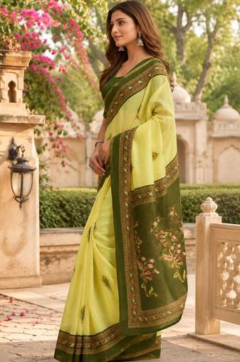 Yellow green printed chanderi cotton ready to wear saree