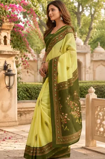 Yellow green printed chanderi cotton ready to wear saree
